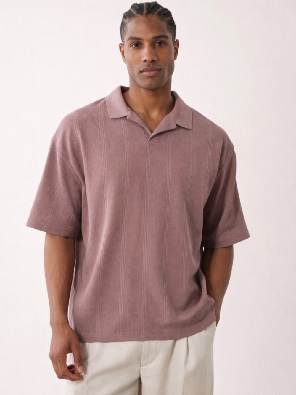 ASOS Polo 2XL Men's Shirt Pink Mauve Textured Striped Cotton Short Sleeve